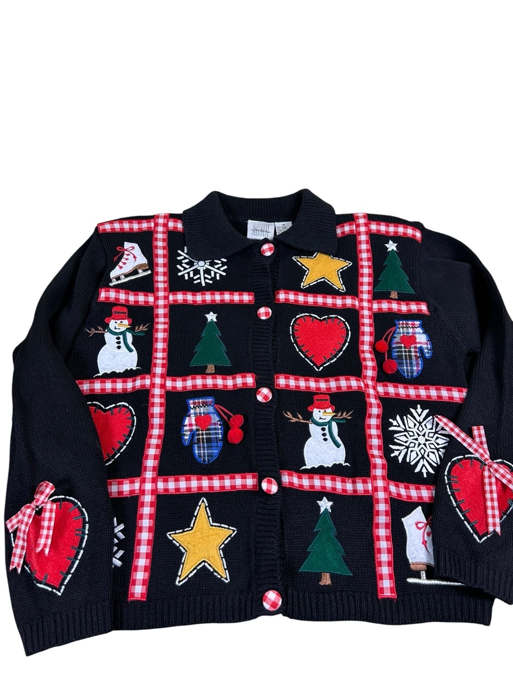 VTG JASON MAXWELL 90s Christmas‎ Patchwork Cardigan Sweater M Holiday Gingham
